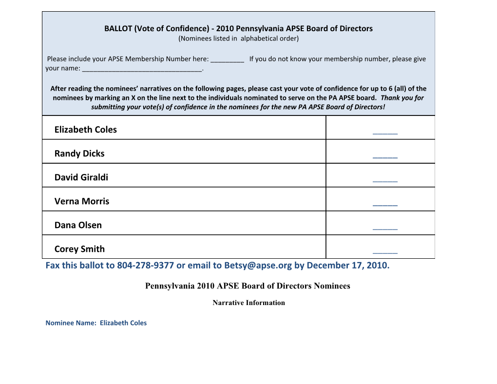 Pennsylvania 2010 APSE Board of Directors Nominees