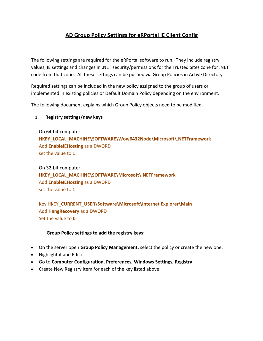 AD Group Policy Settings for Erportal IE Client Config