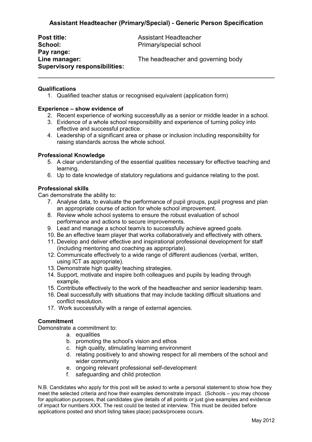 Assistant Headteacher (Primary/Special) - Generic Person Specification