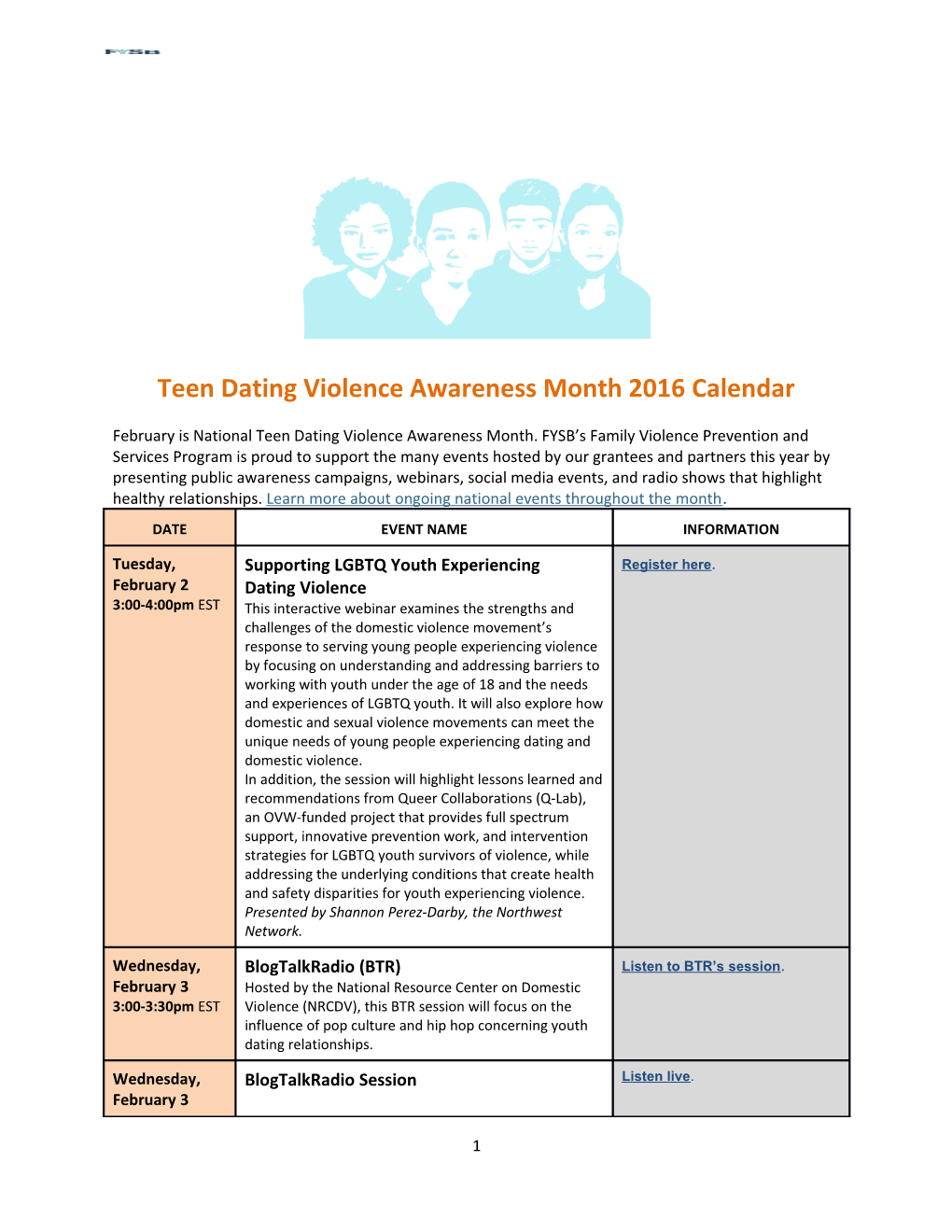 Teen Dating Violence Awareness Month 2016 Calendar of Events