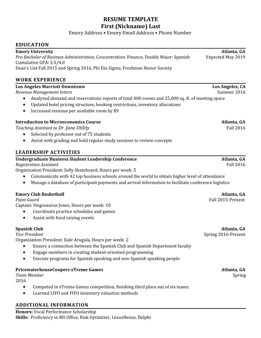 Pre-BBA Resume Template