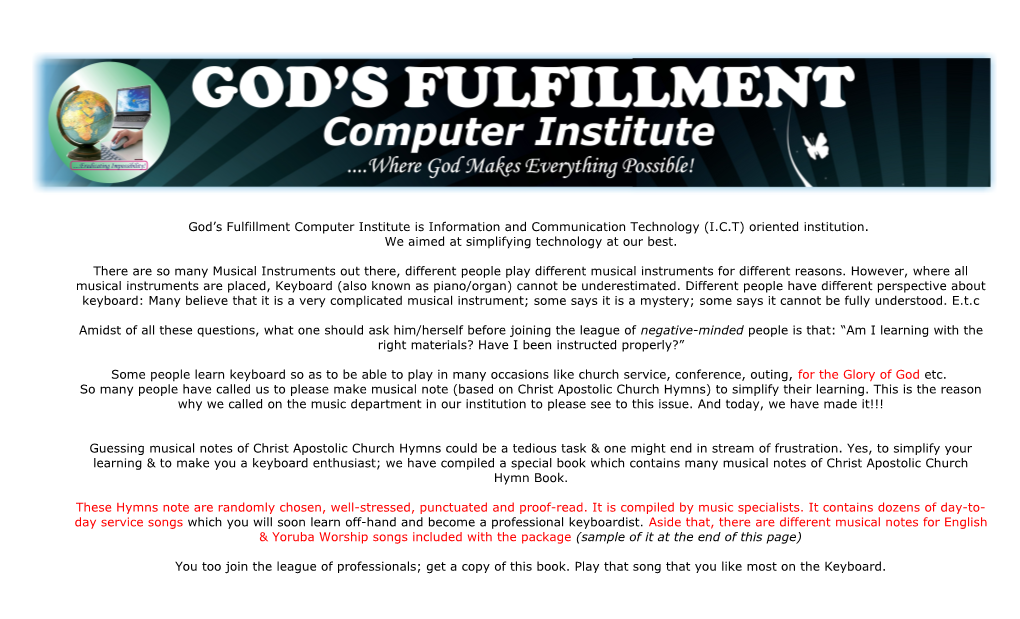 God S Fulfillment Computer Institute Is Information and Communication Technology (I.C.T)