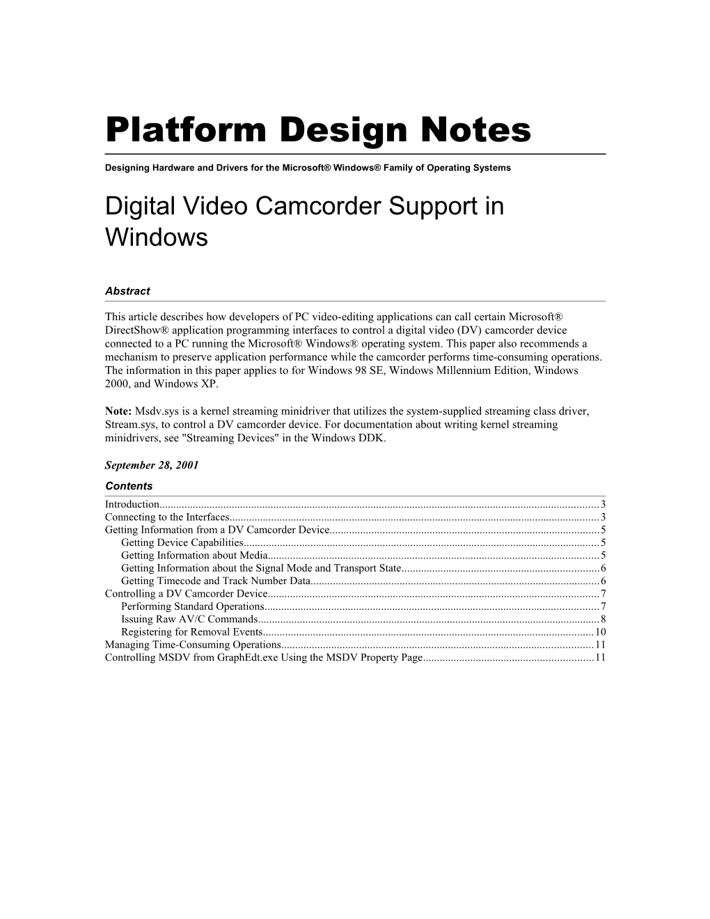 Digital Video Camcorder Support in Windows