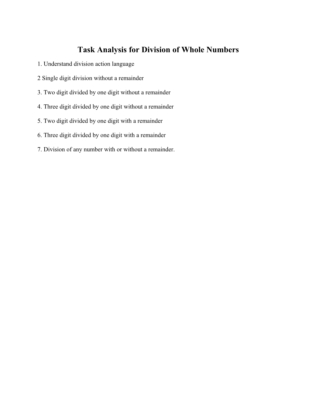 Task Analysis for Division of Whole Numbers