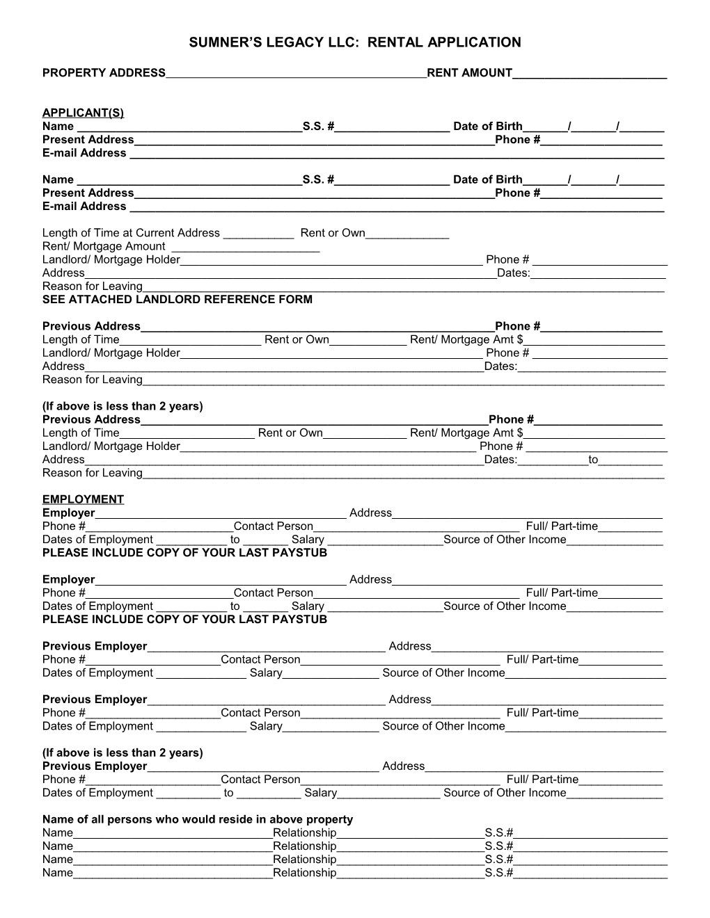 Sumner S Legacy Llc: Rental Application