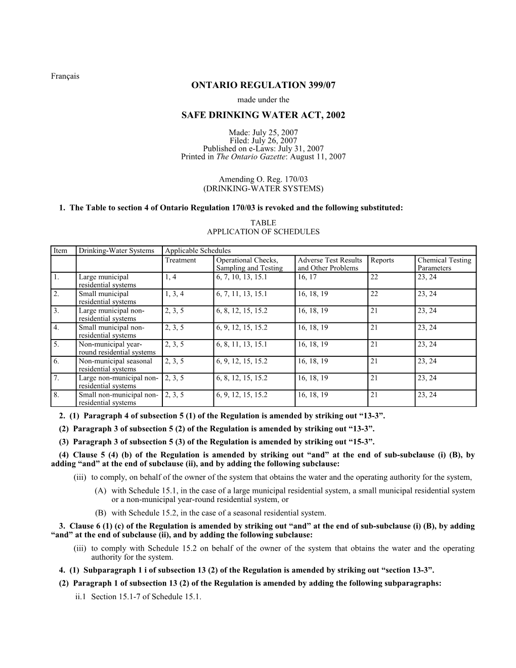 SAFE DRINKING WATER ACT, 2002 - O. Reg. 399/07