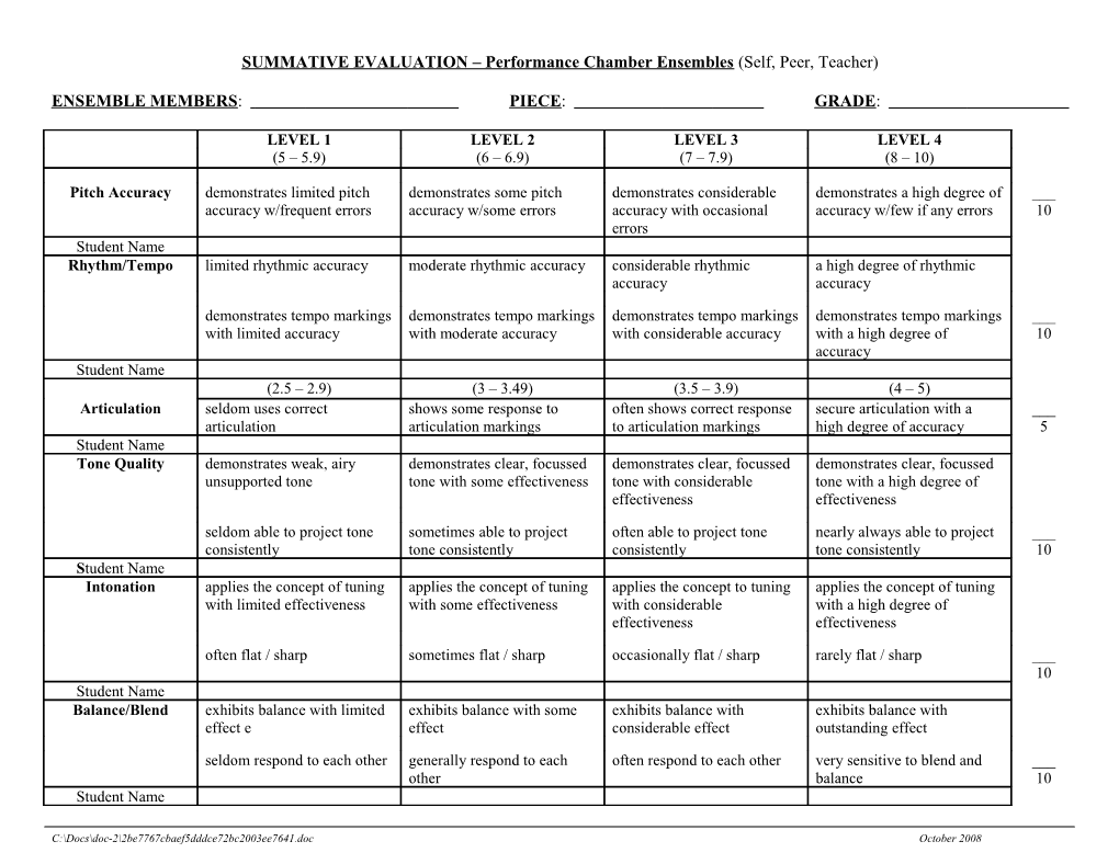 SUMMATIVE EVALUATION Performance Technique