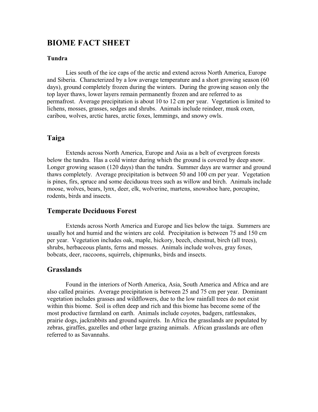 Biome Fact Sheet