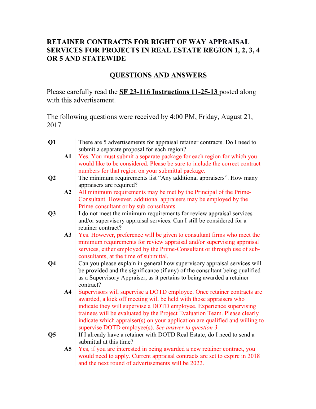 Retainer Contracts for Right of Way Appraisal Services for Projects in Real Estate Region