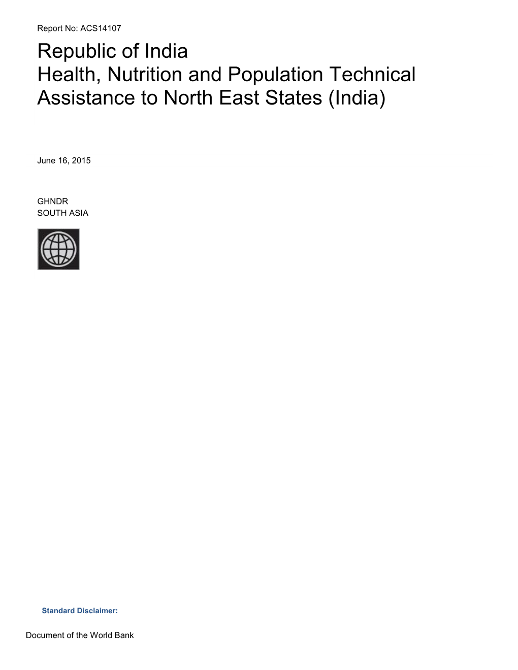 Health, Nutrition and Population Technical Assistance to North East States