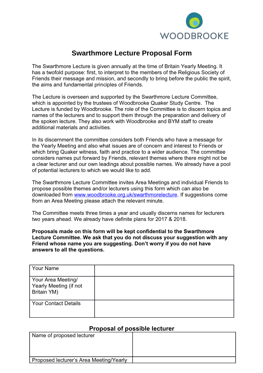 Swarthmore Lecture Proposal Form