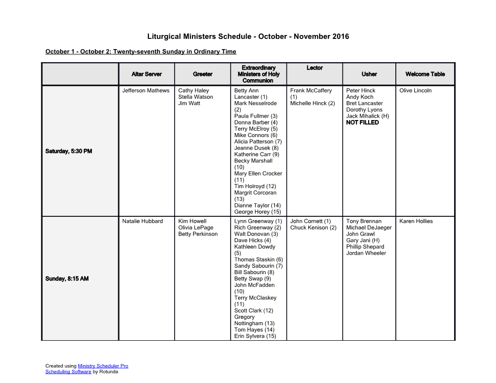 Liturgical Ministers Schedule - October - November 2016