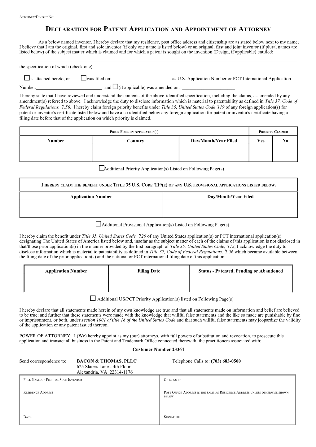 Declaration for Patent Application and Appointment of Attorney