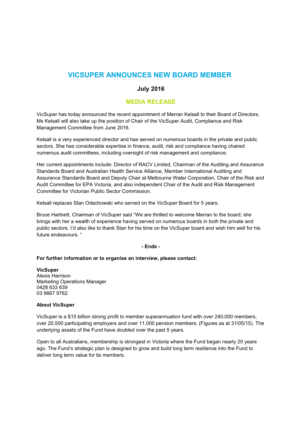 Vicsuper Announces New Board Member