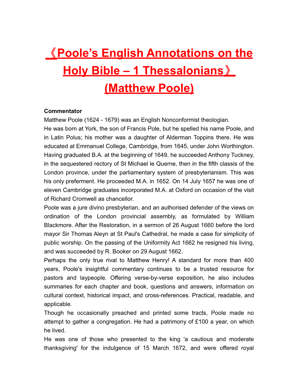 Poole S English Annotationson the Holy Bible 1 Thessalonians (Matthew Poole)