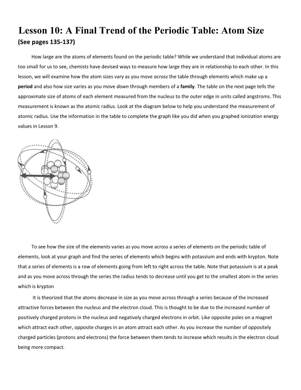 Lesson 10: a Final Trend of the Periodic Table: Atom Size