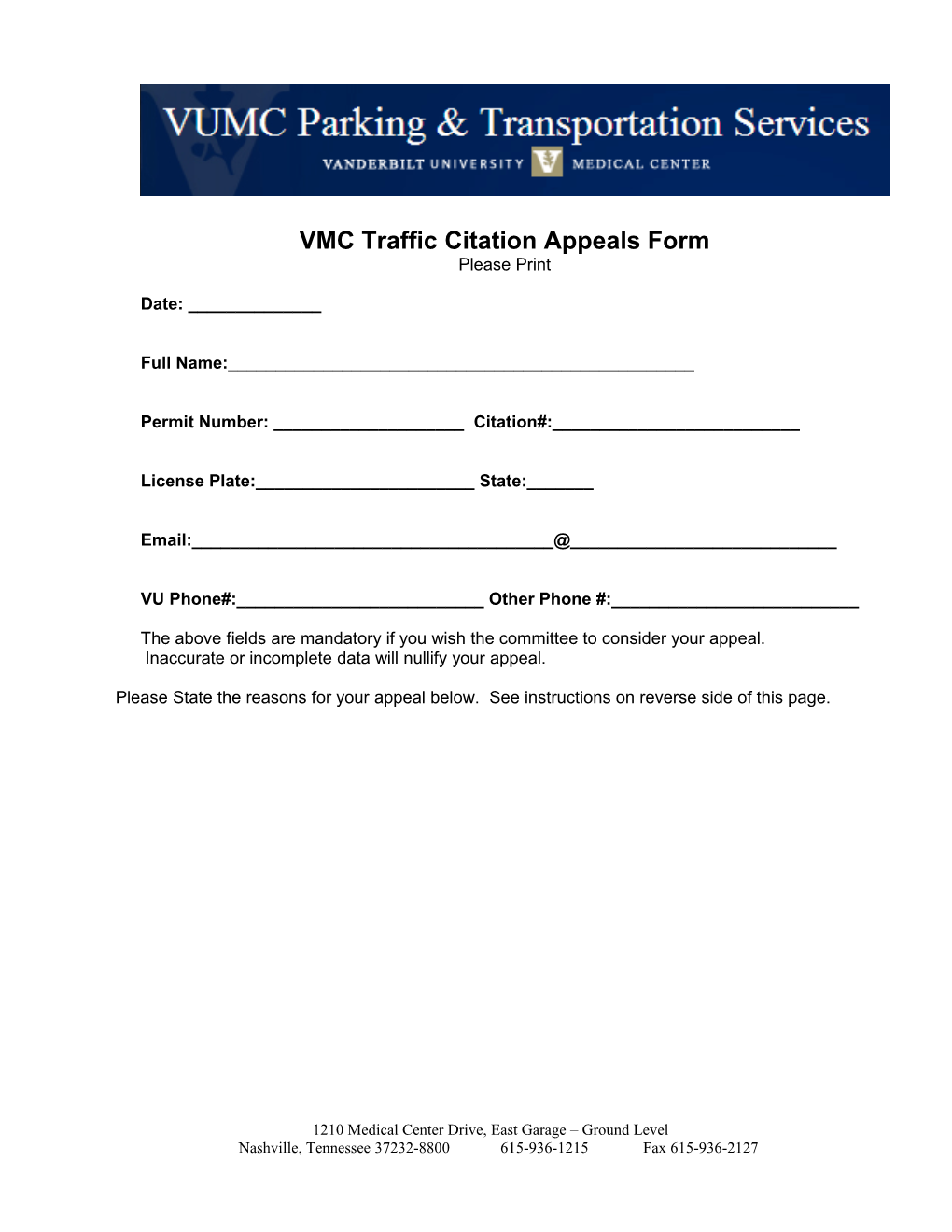 VUMC Traffic Citation Appeals Form