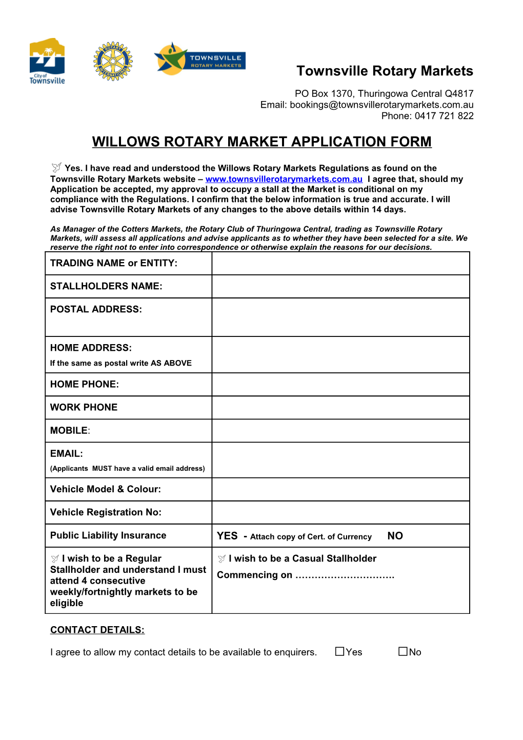 Willows Rotary Market Application Form