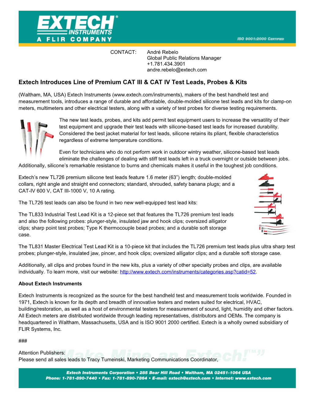 Extech Introduces Line of Premium CAT III & CAT IV Test Leads, Probes & Kits