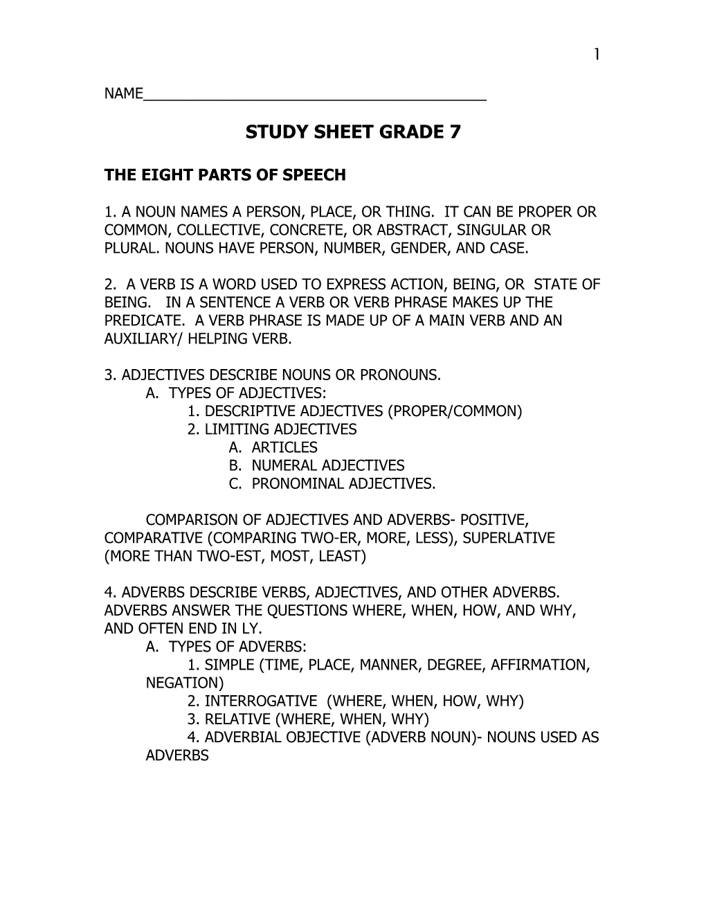 Name______ Study Sheet Grade 7