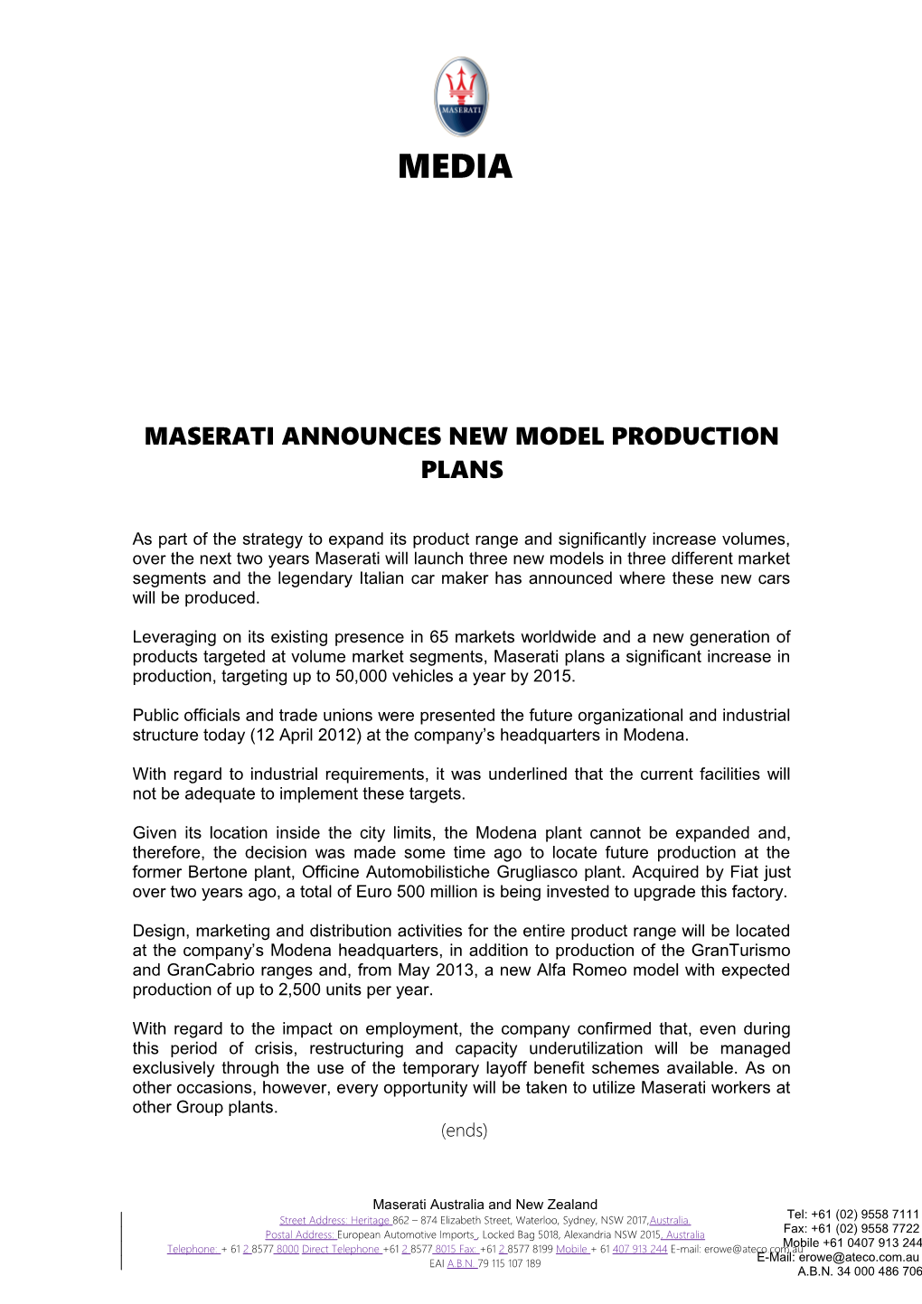 Maserati Announces New Model Production Plans