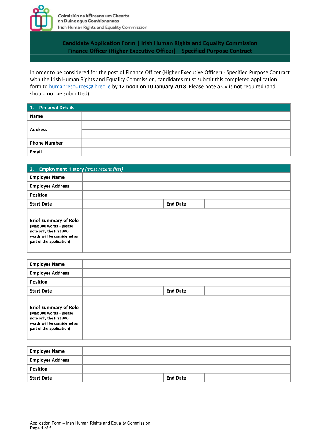 Candidate Application Form Irish Human Rights and Equality Commission