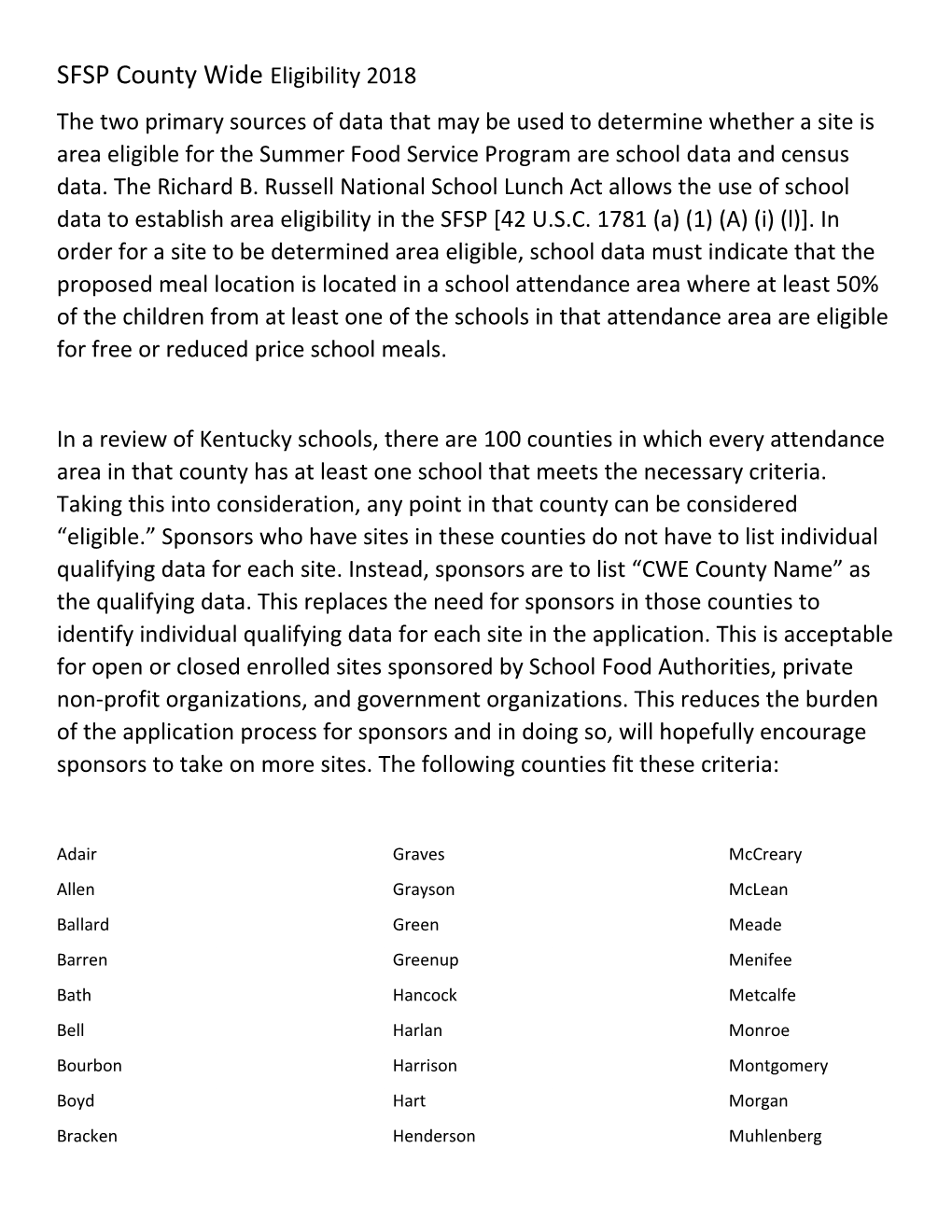 SFSP County Wide Eligibility 2018