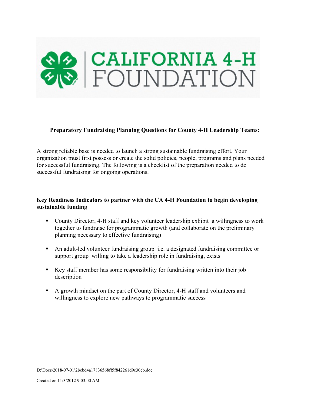 Preparatory Fundraising Planning Questions for County 4-H Leadership Teams