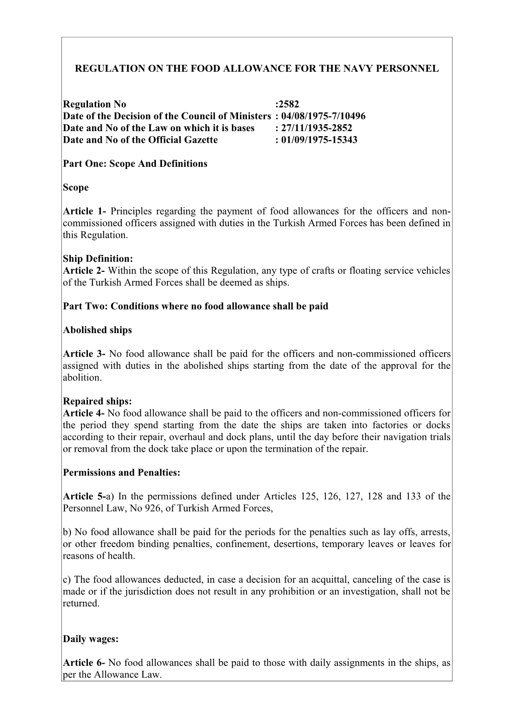 Regulation on the Food Allowance for the Navy Personnel