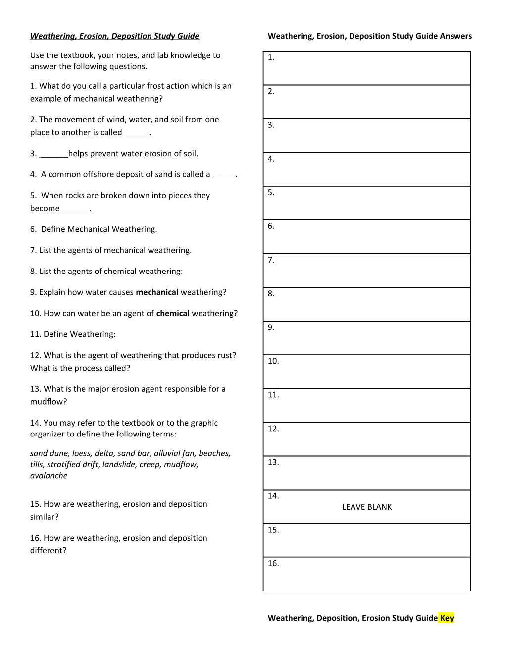 Weathering, Erosion,Deposition Study Guide