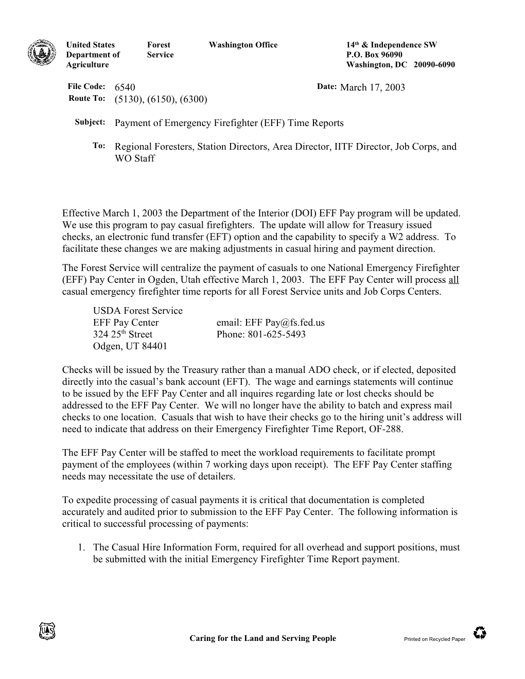 Effective March 1, 2003 the Department of the Interior (DOI) EFF Pay Program Will Be Updated