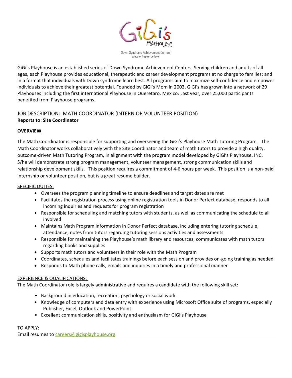 Job Description: MATH Coordinator (INTERN OR VOLUNTEER POSITION)