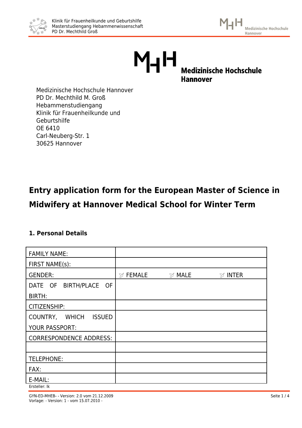 Entry Application Form for the European Master of Science In
