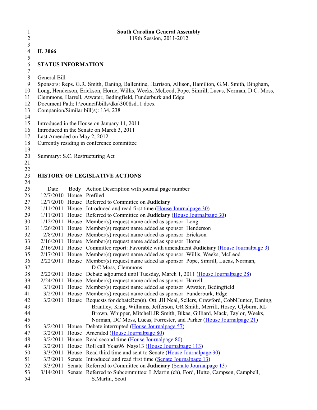 2011-2012 Bill 3066: S.C. Restructuring Act - South Carolina Legislature Online