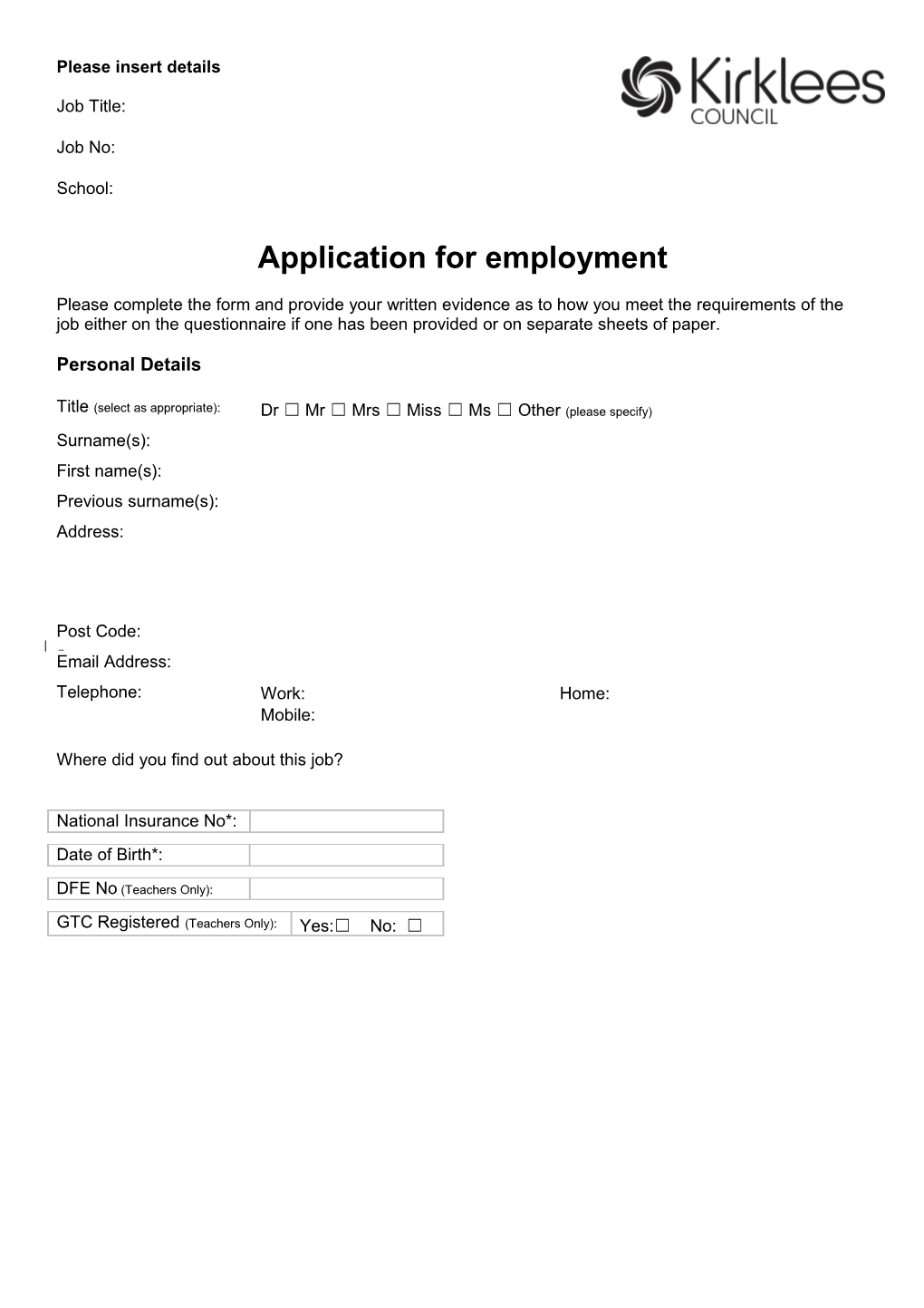 Application Form for Employment