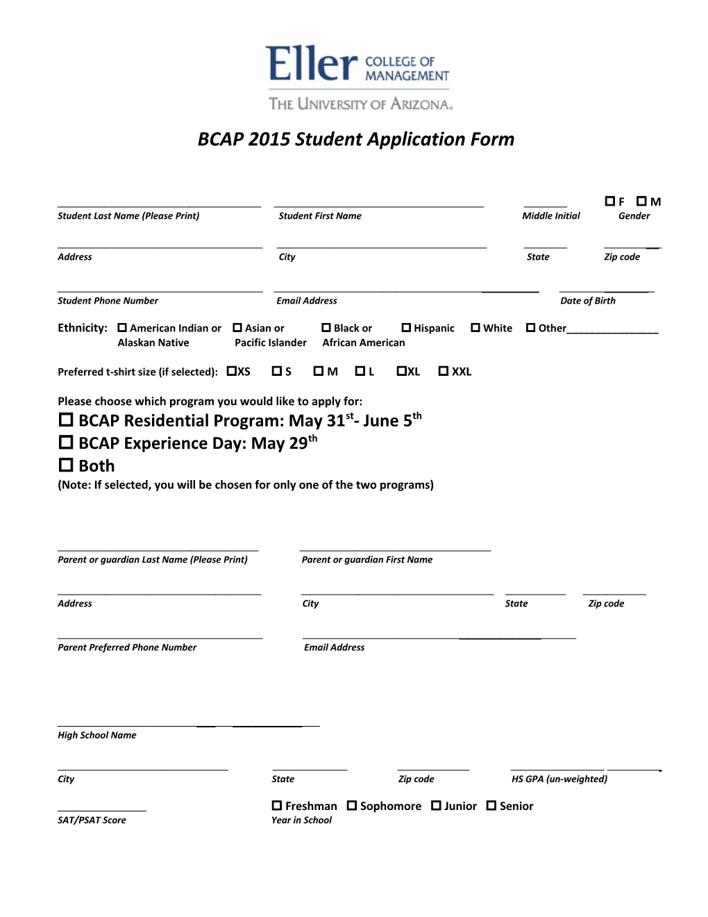 BCAP 2015 Student Application Form