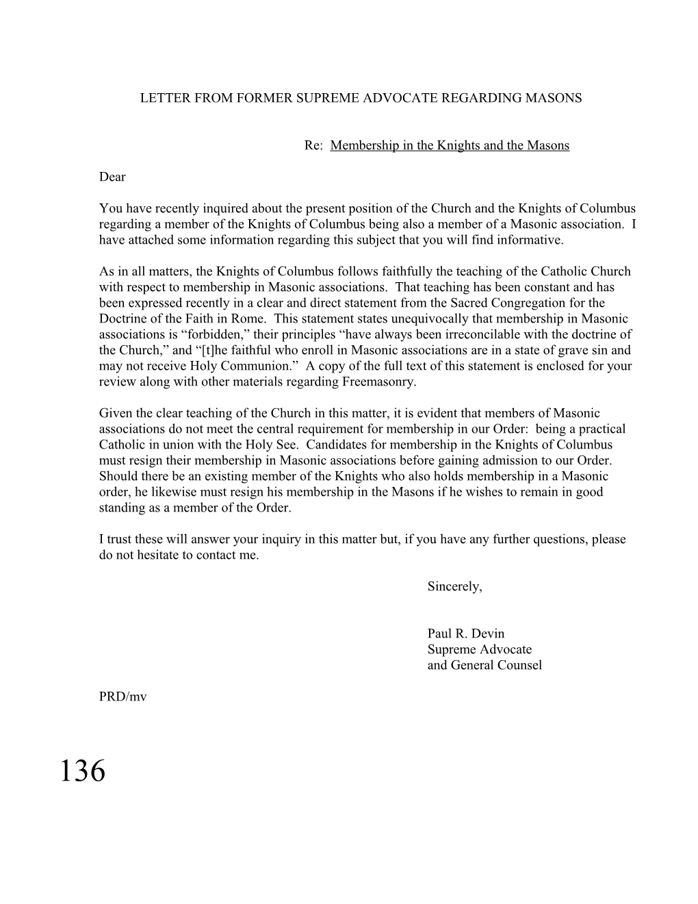 Letter from Former Supreme Advocate Regarding Masons