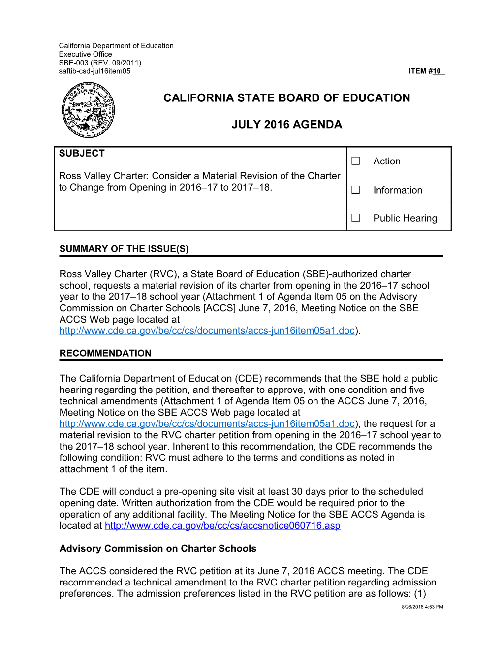 July 2016 Agenda Item 10 - Meeting Agendas (CA State Board of Education)