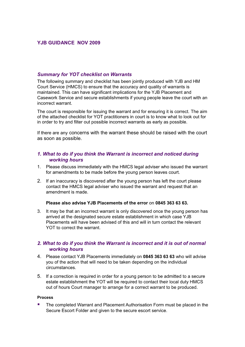 Summary for YOT Checklist on Warrants