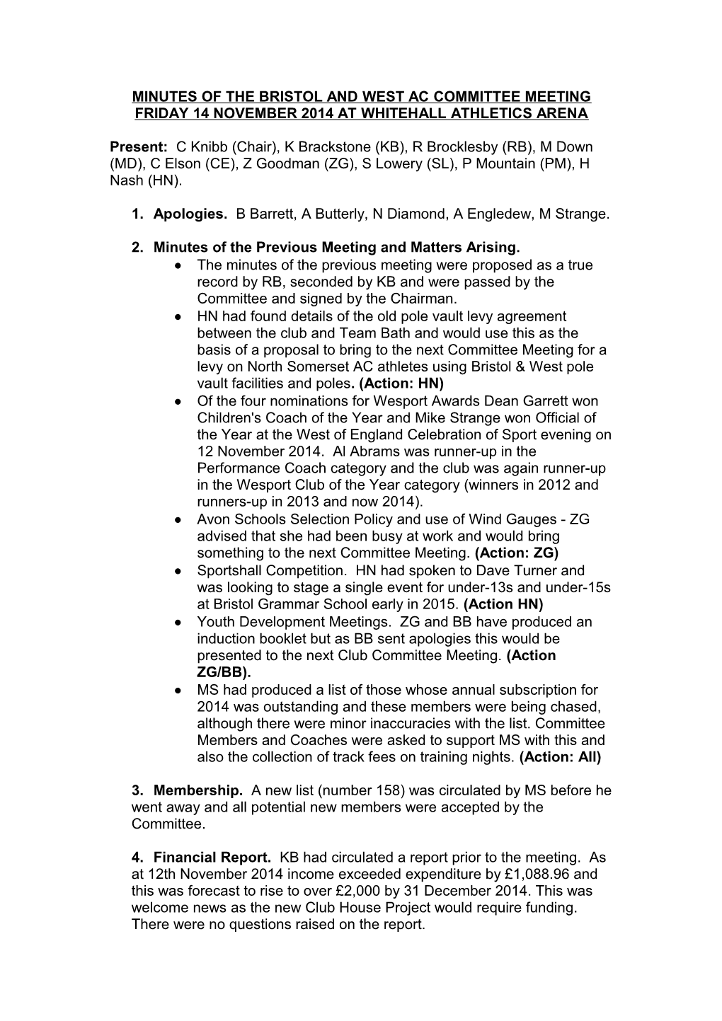 Minutes of the Bristol and West AC Committee Meeting