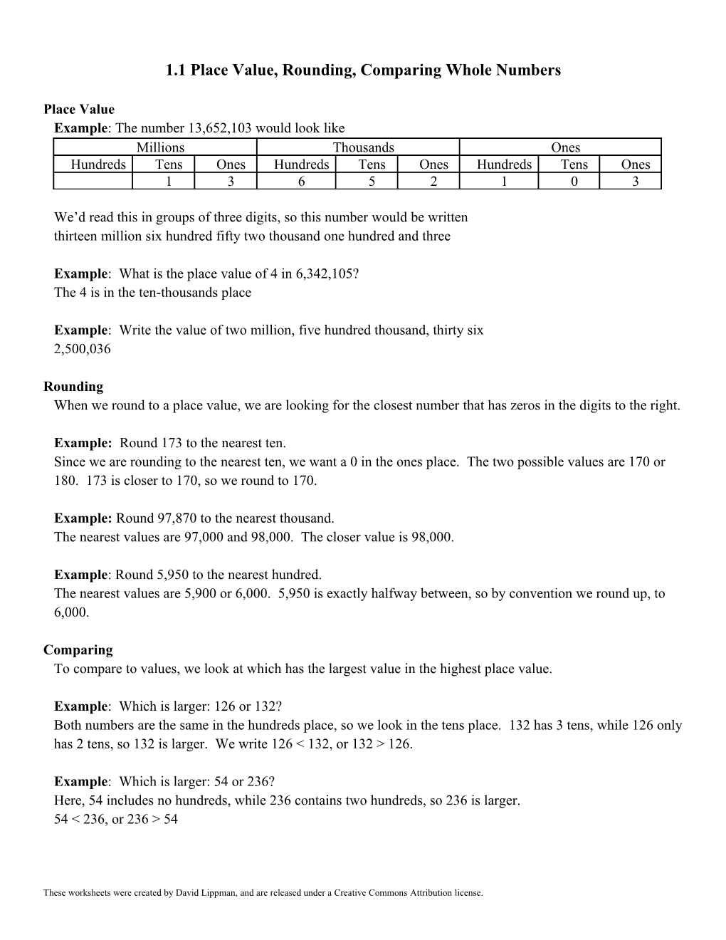 1.1 Place Value, Rounding, Comparing Whole Numbers