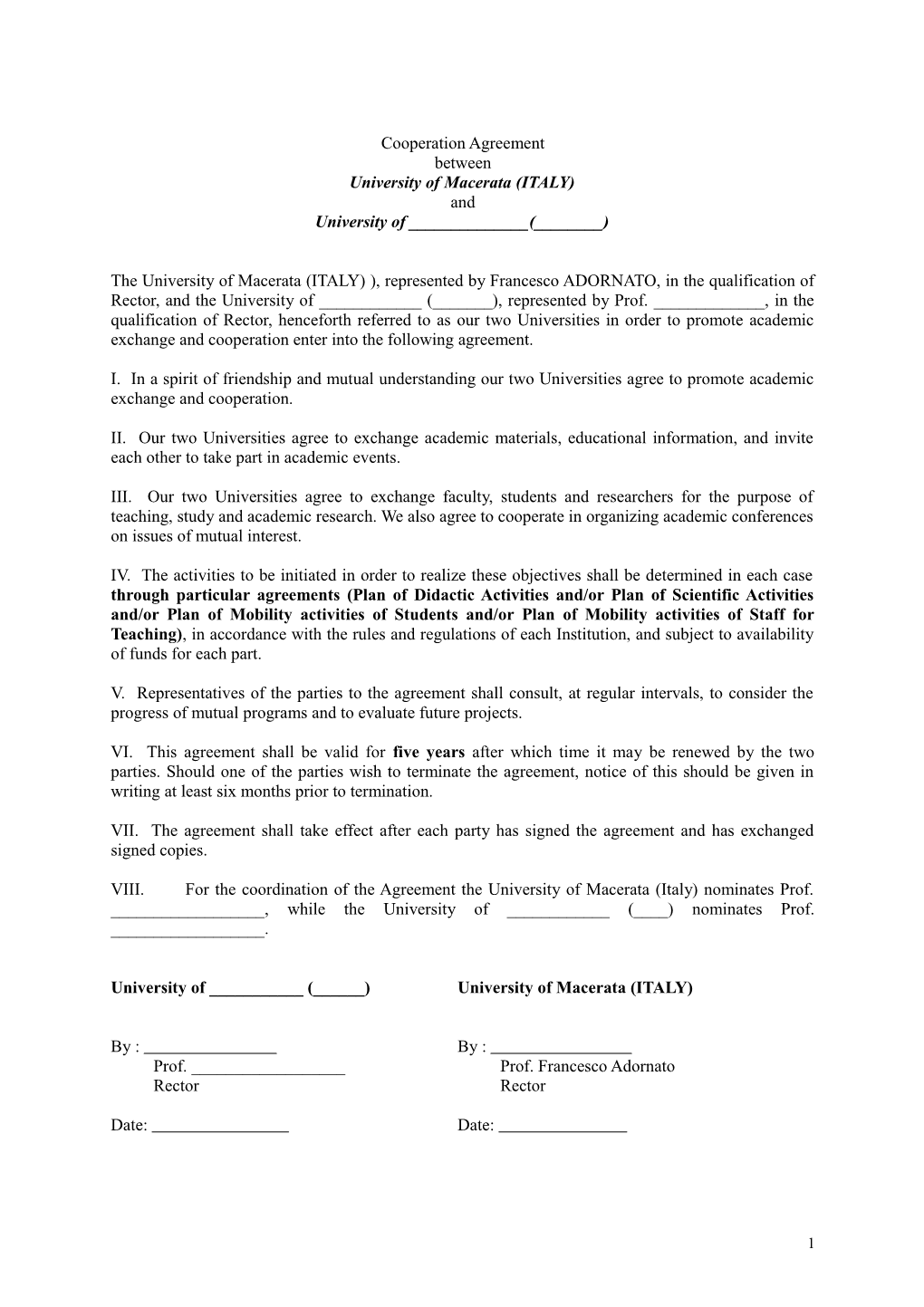 Agreement Regarding Co-Operation