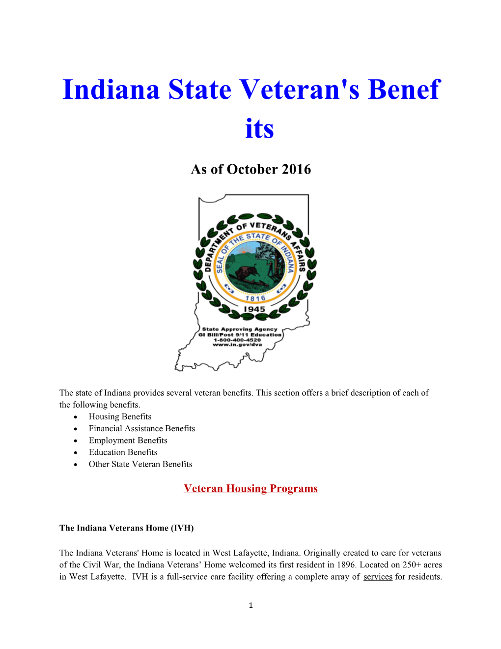 Indiana State Veteran's Benefits