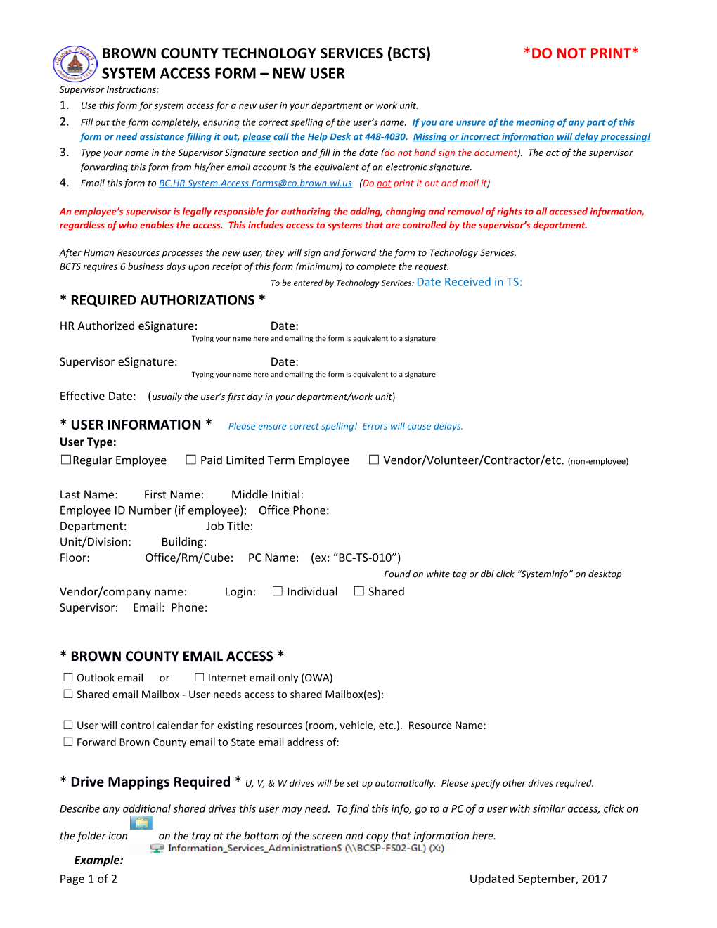 System Access Form New User