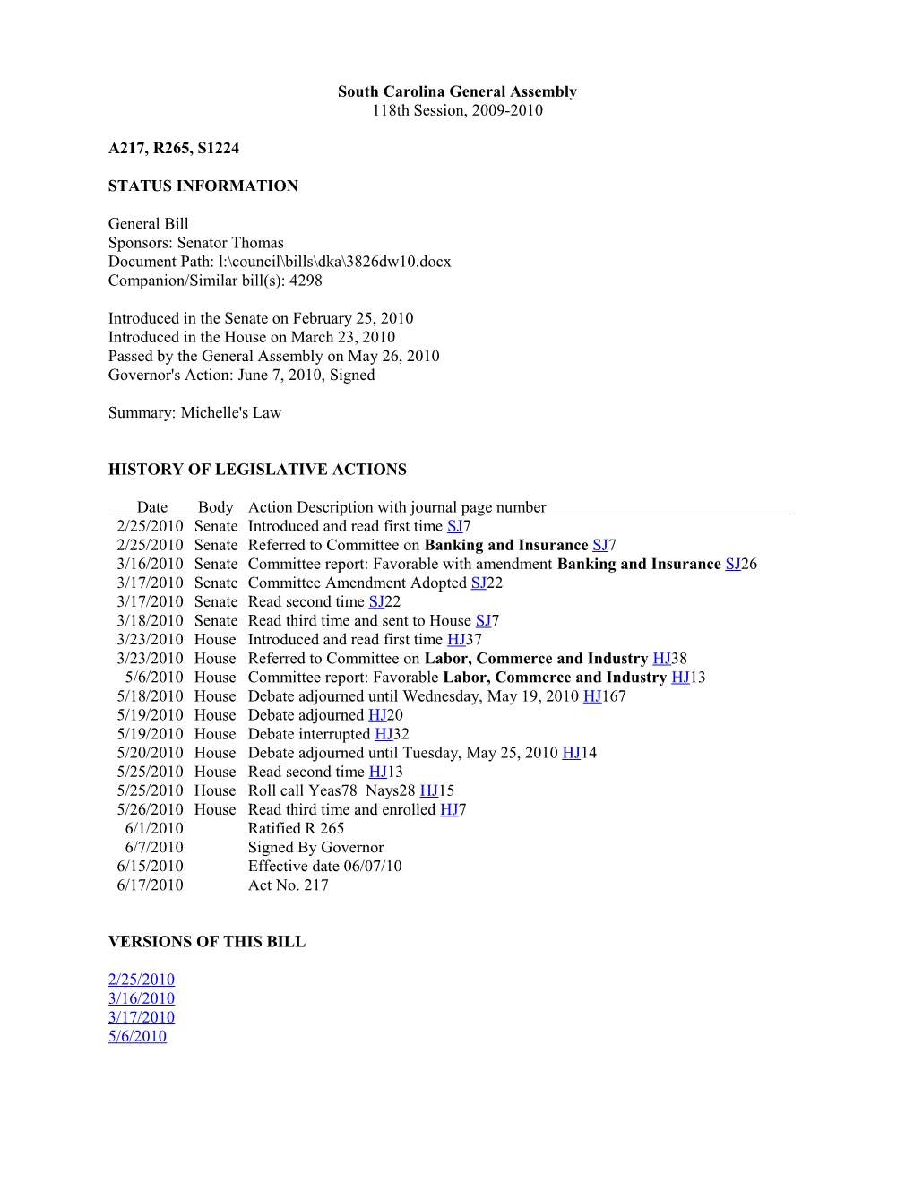 2009-2010 Bill 1224: Michelle's Law - South Carolina Legislature Online