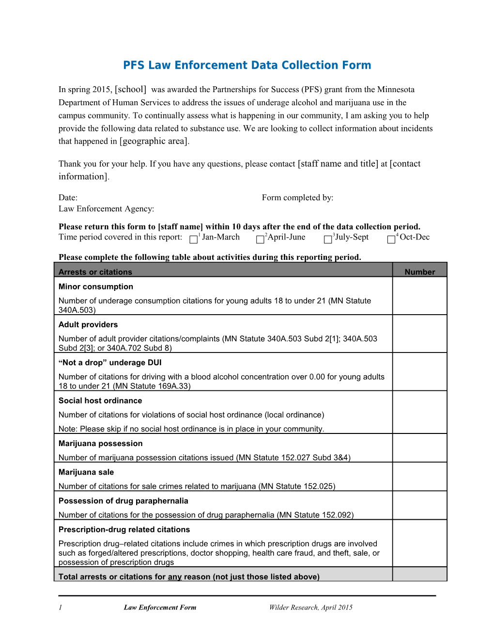 PFS Law Enforcement Data Collection Form