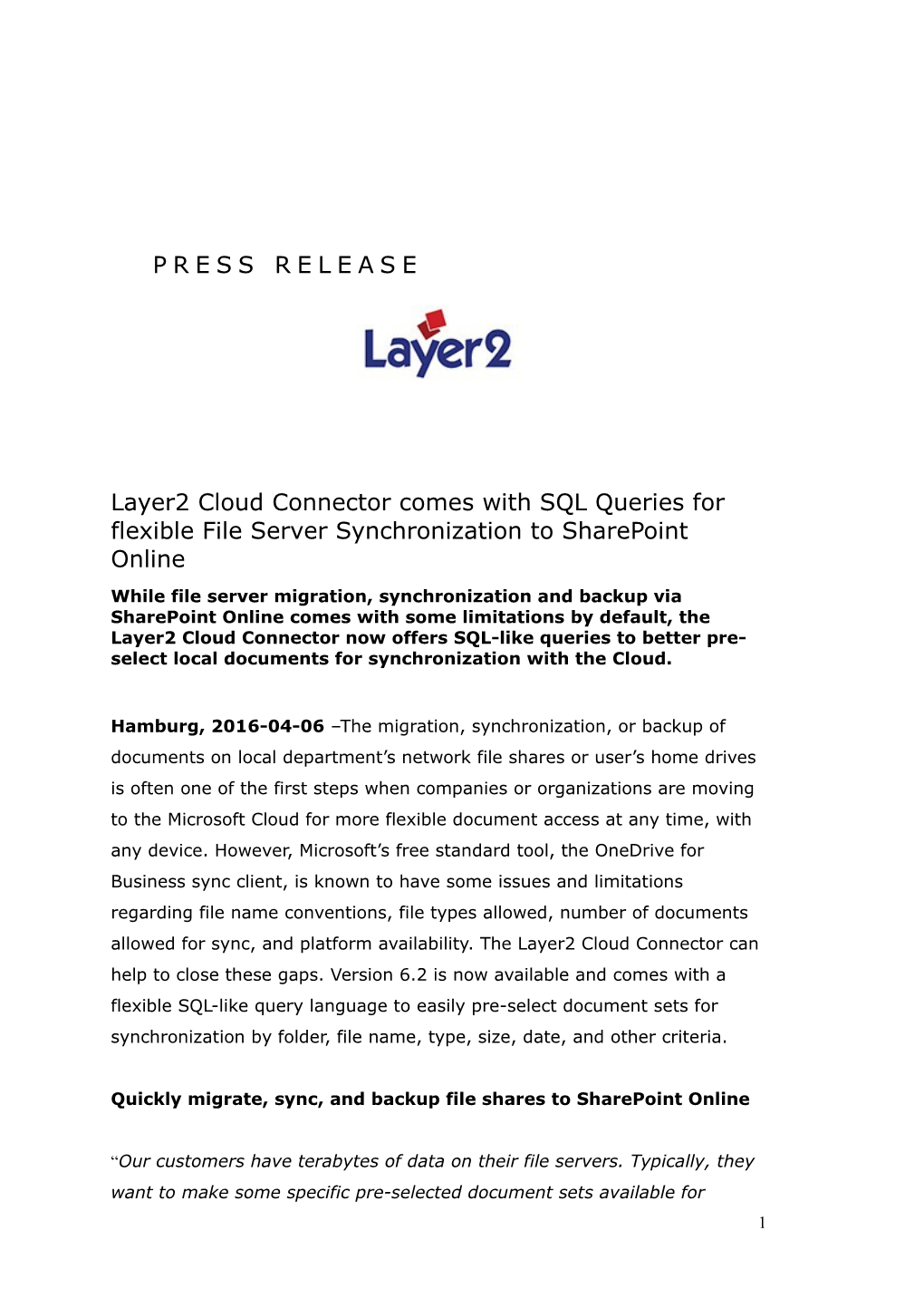 Layer2 Cloud Connector Comes with SQL Queries for Flexible File Server Synchronization