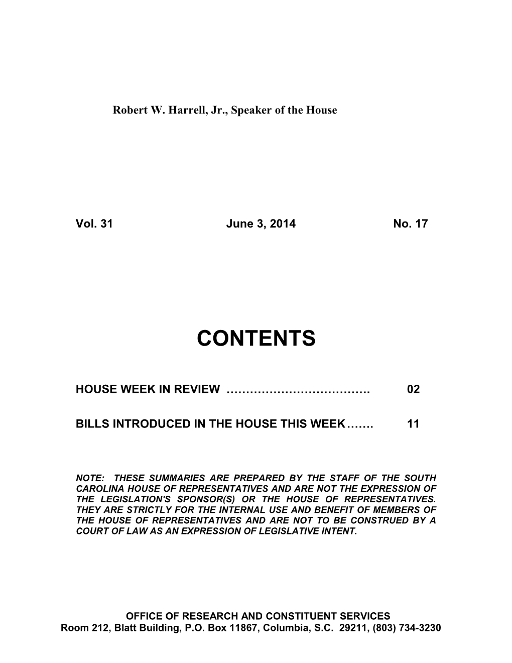 Legislative Update - Vol. 31 No. 17 June 3, 2014 - South Carolina Legislature Online