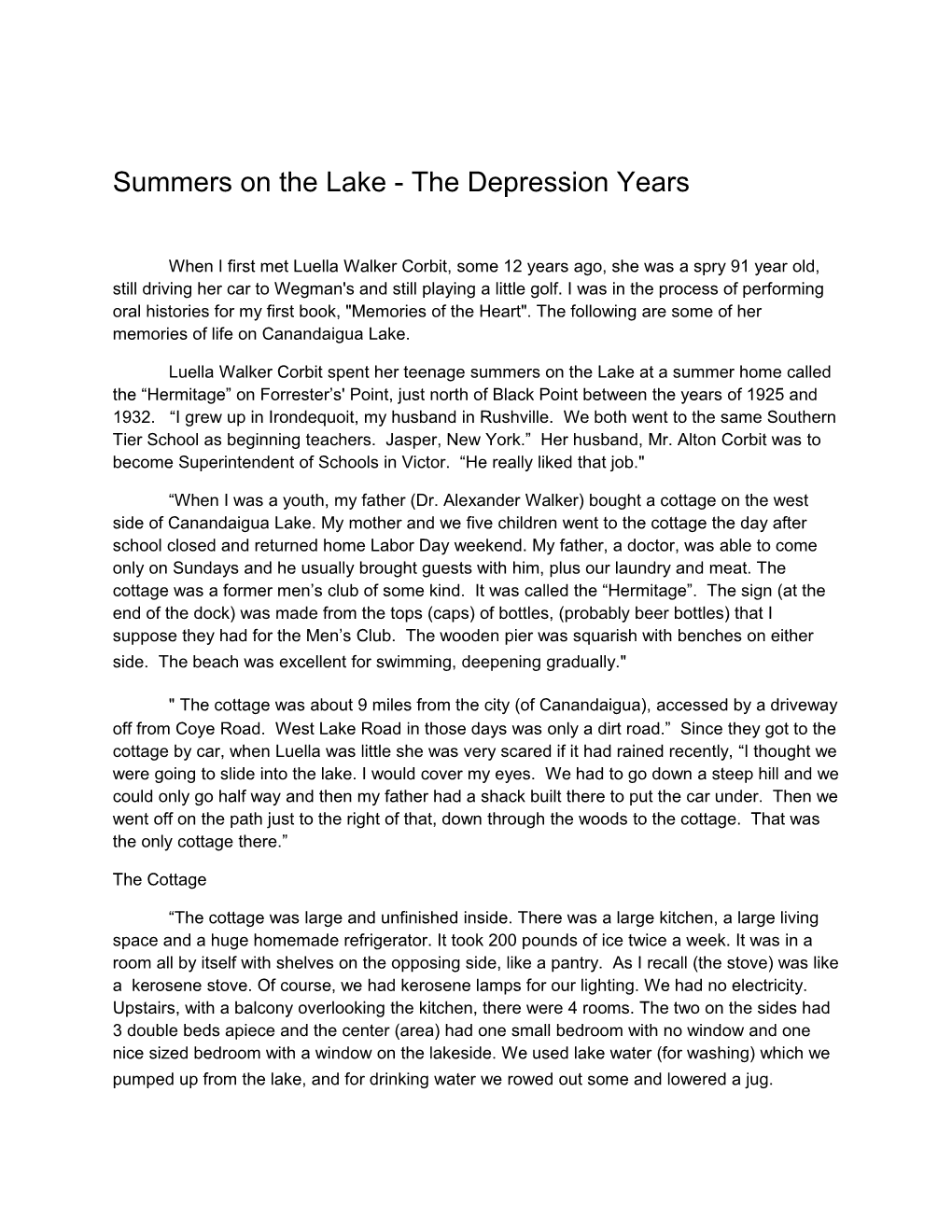 Summers on the Lake - the Depression Years