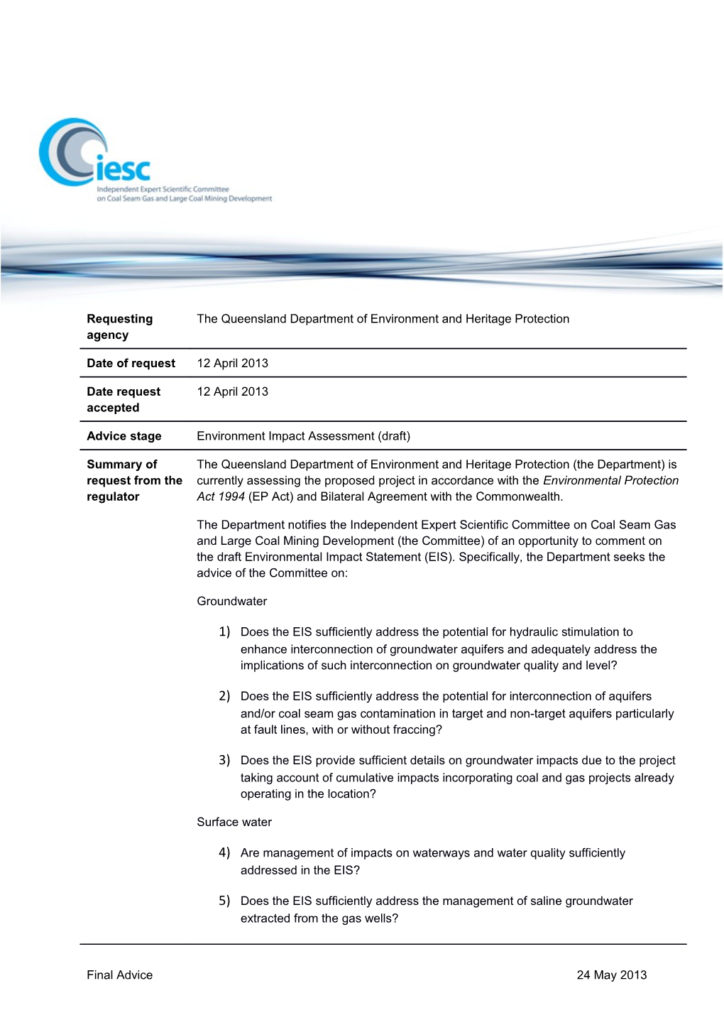 Advice to Decision Maker on Coal Seam Gas Development